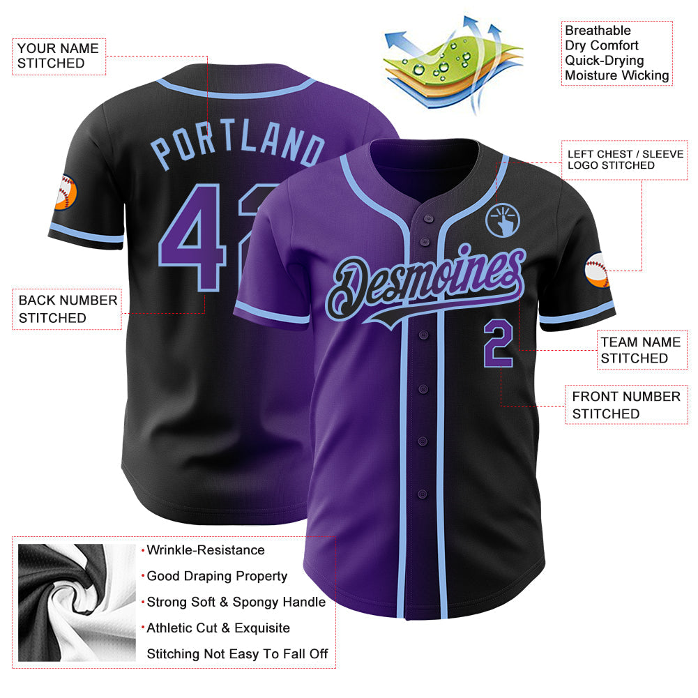 Custom Black Purple-Light Blue Authentic Gradient Fashion Baseball Jersey - Sky-Custom