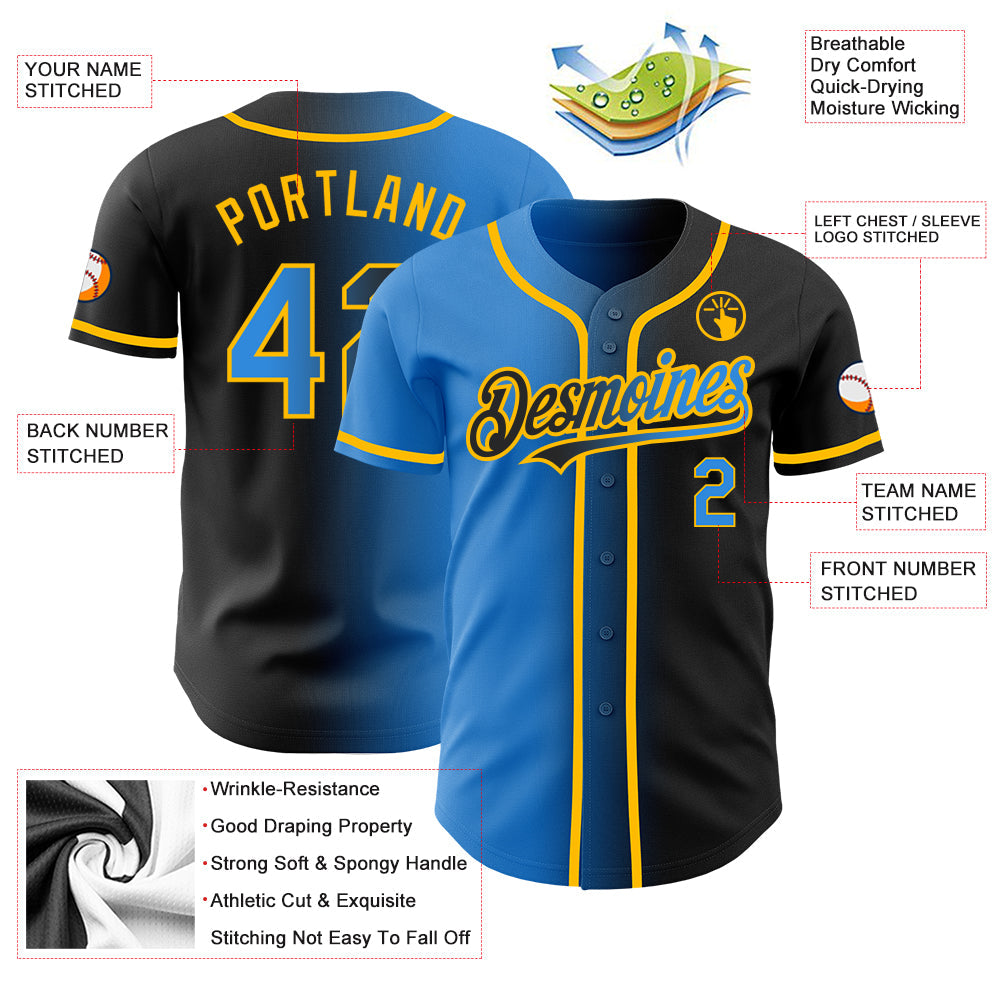 Custom Black Electric Blue-Gold Authentic Gradient Fashion Baseball Jersey - Sky-Custom
