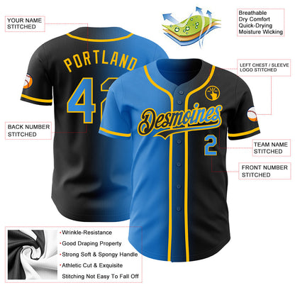 Custom Black Electric Blue-Gold Authentic Gradient Fashion Baseball Jersey - Sky-Custom