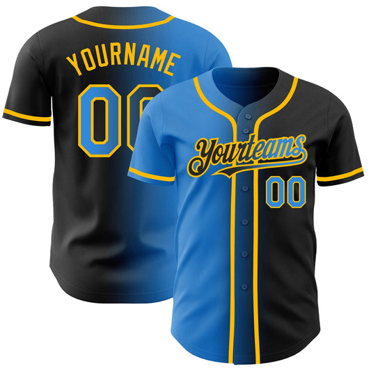 Custom Black Electric Blue-Gold Authentic Gradient Fashion Baseball Jersey - Sky-Custom
