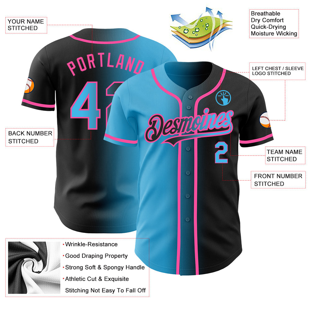 Custom Black Sky Blue-Pink Authentic Gradient Fashion Baseball Jersey - Sky-Custom