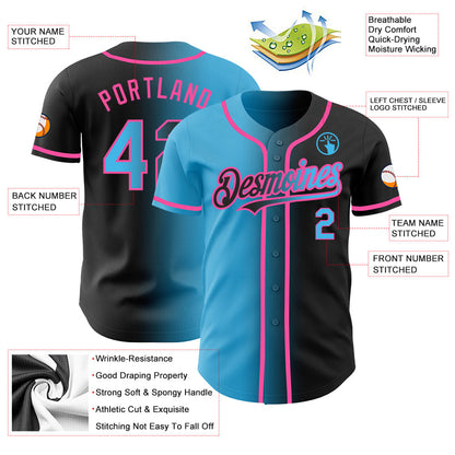 Custom Black Sky Blue-Pink Authentic Gradient Fashion Baseball Jersey - Sky-Custom