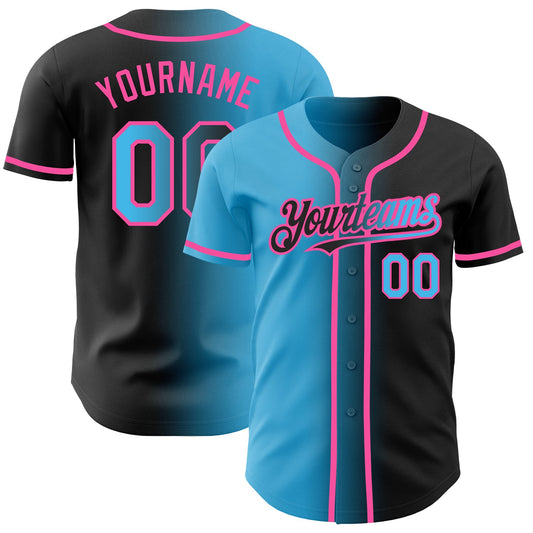 Custom Black Sky Blue-Pink Authentic Gradient Fashion Baseball Jersey - Sky-Custom