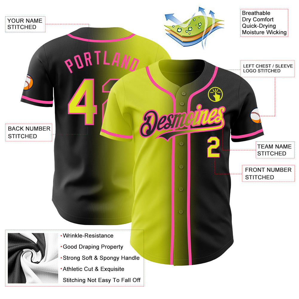 Custom Black Neon Yellow-Pink Authentic Gradient Fashion Baseball Jersey - Sky-Custom