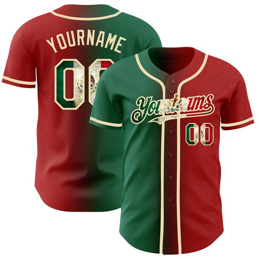 Custom Red Vintage Mexican Flag Kelly Green-City Cream Authentic Gradient Fashion Baseball Jersey - Sky-Custom