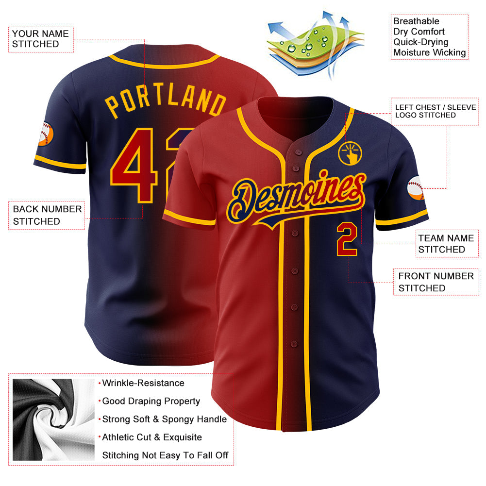 Custom Navy Red-Gold Authentic Gradient Fashion Baseball Jersey - Sky-Custom