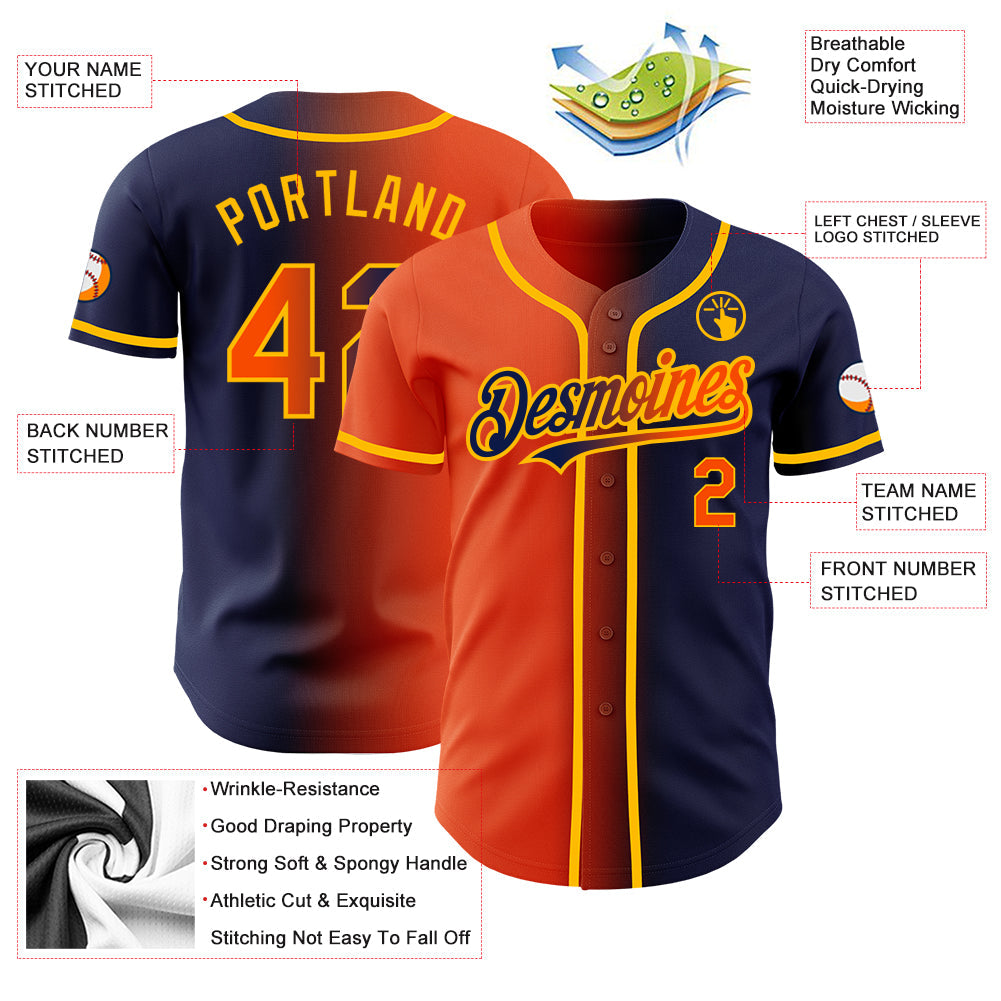 Custom Navy Orange-Gold Authentic Gradient Fashion Baseball Jersey - Sky-Custom