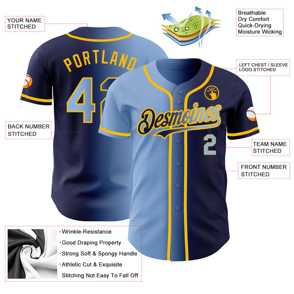 Custom Navy Light Blue-Gold Authentic Gradient Fashion Baseball Jersey - Sky-Custom