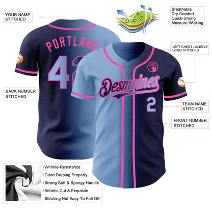 Custom Navy Light Blue-Pink Authentic Gradient Fashion Baseball Jersey - Sky-Custom