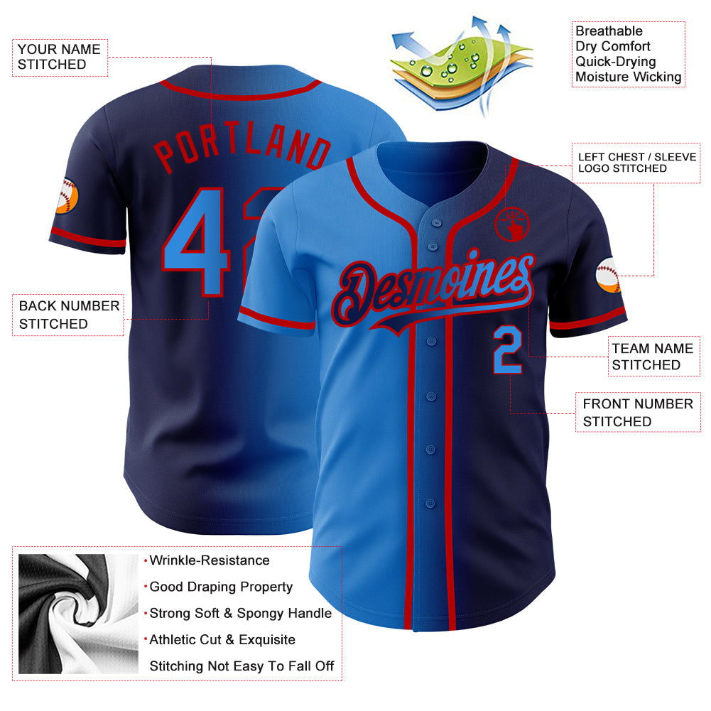 Custom Navy Electric Blue-Red Authentic Gradient Fashion Baseball Jersey - Sky-Custom