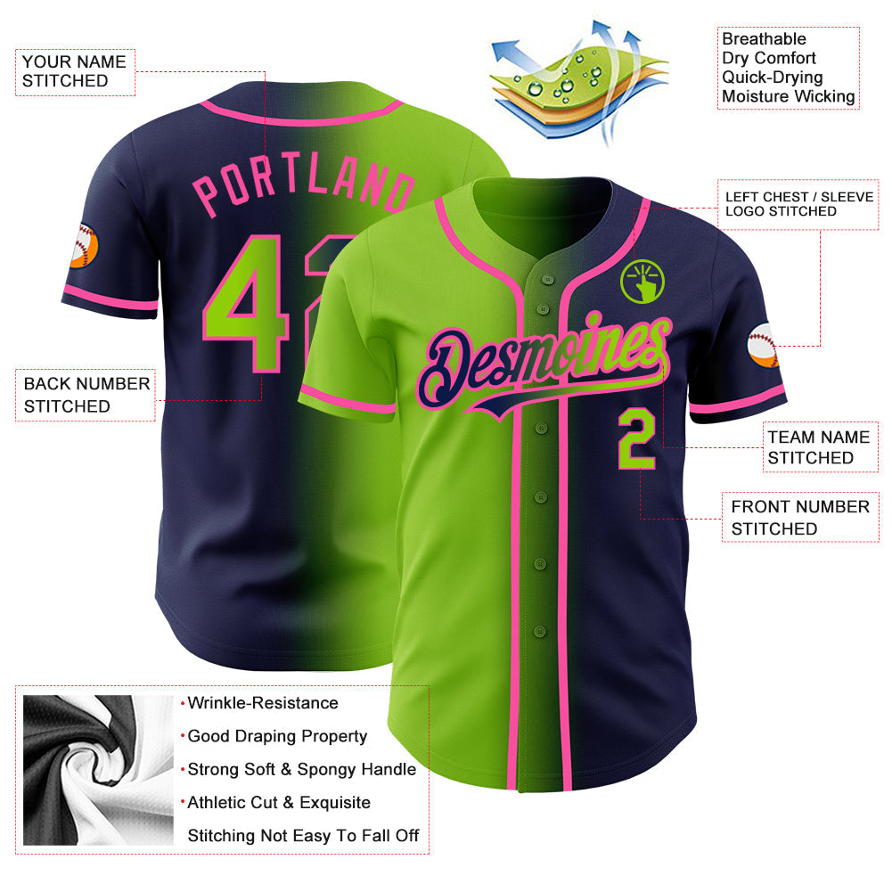 Custom Navy Neon Green-Pink Authentic Gradient Fashion Baseball Jersey - Sky-Custom