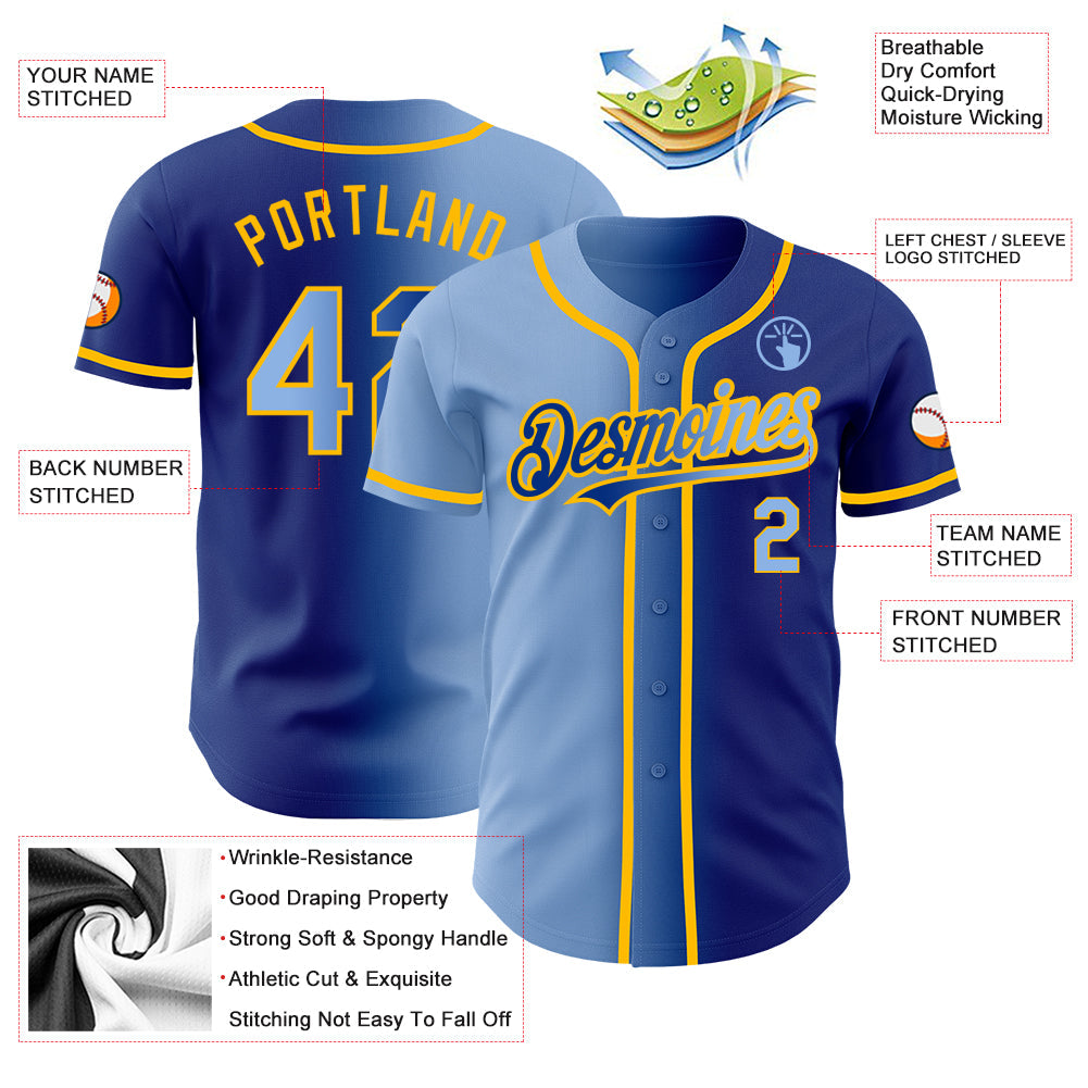 Custom Royal Light Blue-Gold Authentic Gradient Fashion Baseball Jersey - Sky-Custom