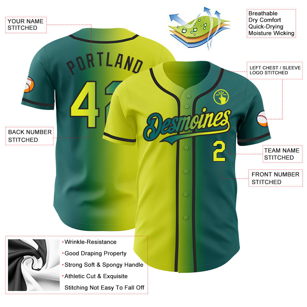 Custom Teal Neon Yellow-Black Authentic Gradient Fashion Baseball Jersey - Sky-Custom