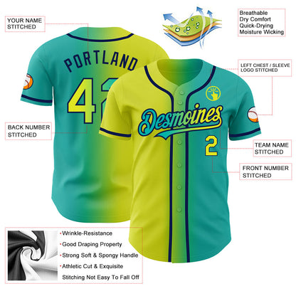 Custom Aqua Neon Yellow-Navy Authentic Gradient Fashion Baseball Jersey - Sky-Custom
