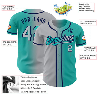 Custom Aqua Gray-Navy Authentic Gradient Fashion Baseball Jersey - Sky-Custom