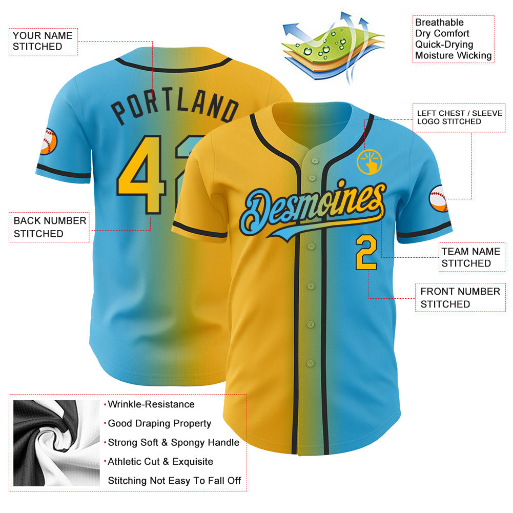 Custom Sky Blue Gold-Black Authentic Gradient Fashion Baseball Jersey - Sky-Custom