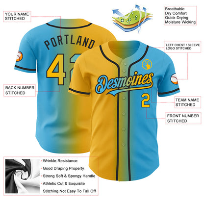 Custom Sky Blue Gold-Black Authentic Gradient Fashion Baseball Jersey - Sky-Custom