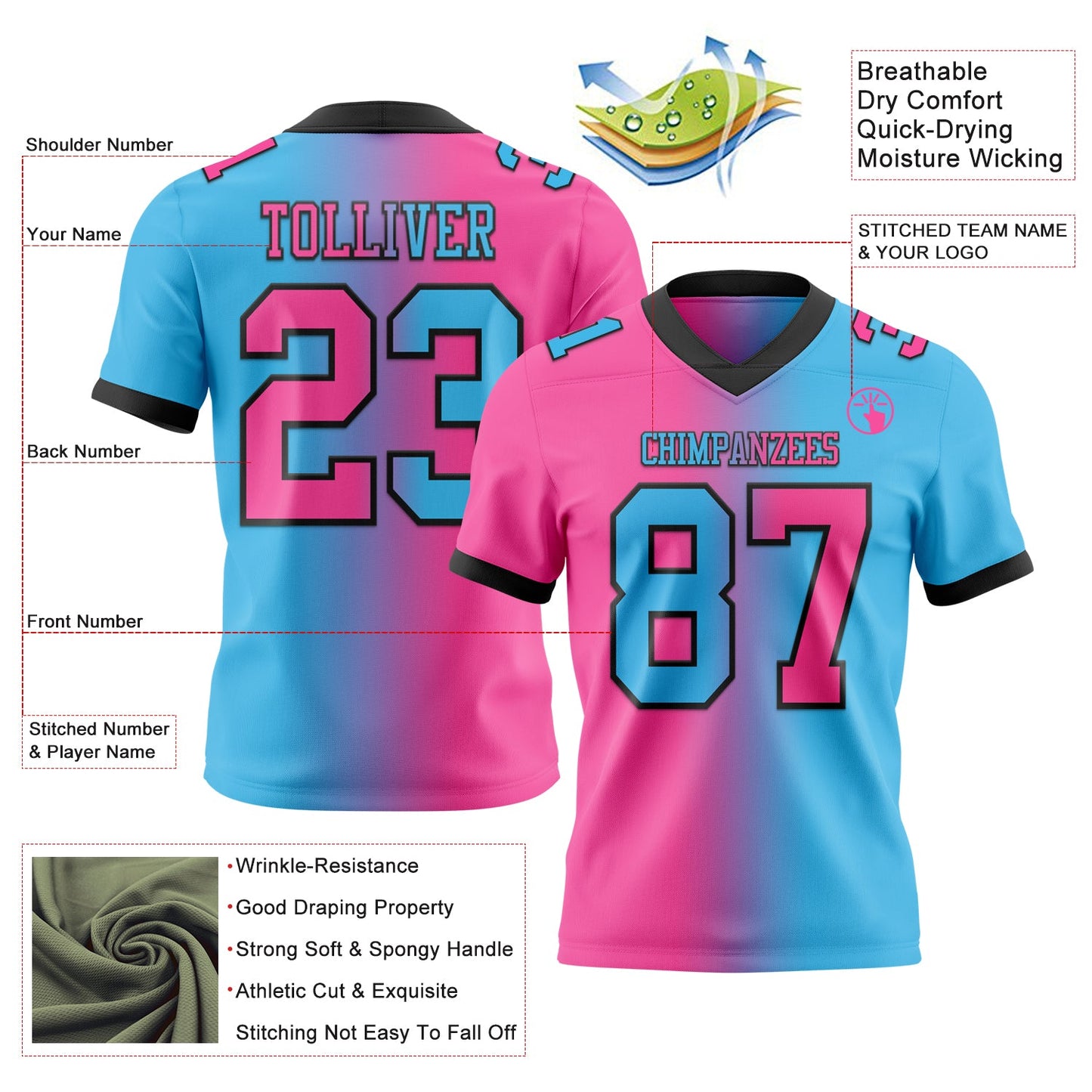 Custom Sky Blue Pink-Black Mesh Authentic Gradient Fashion Football Jersey - Sky-Custom