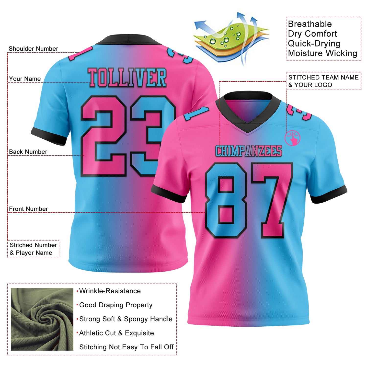 Custom Sky Blue Pink-Black Mesh Authentic Gradient Fashion Football Jersey - Sky-Custom
