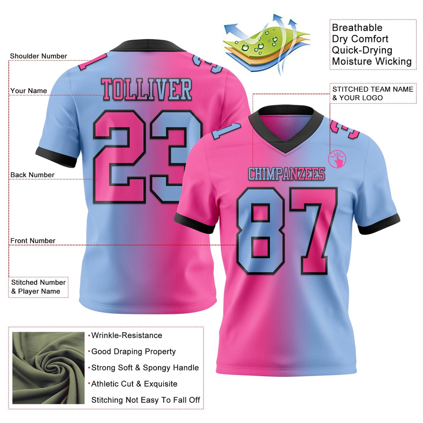Custom Light Blue Pink-Black Mesh Authentic Gradient Fashion Football Jersey - Sky-Custom