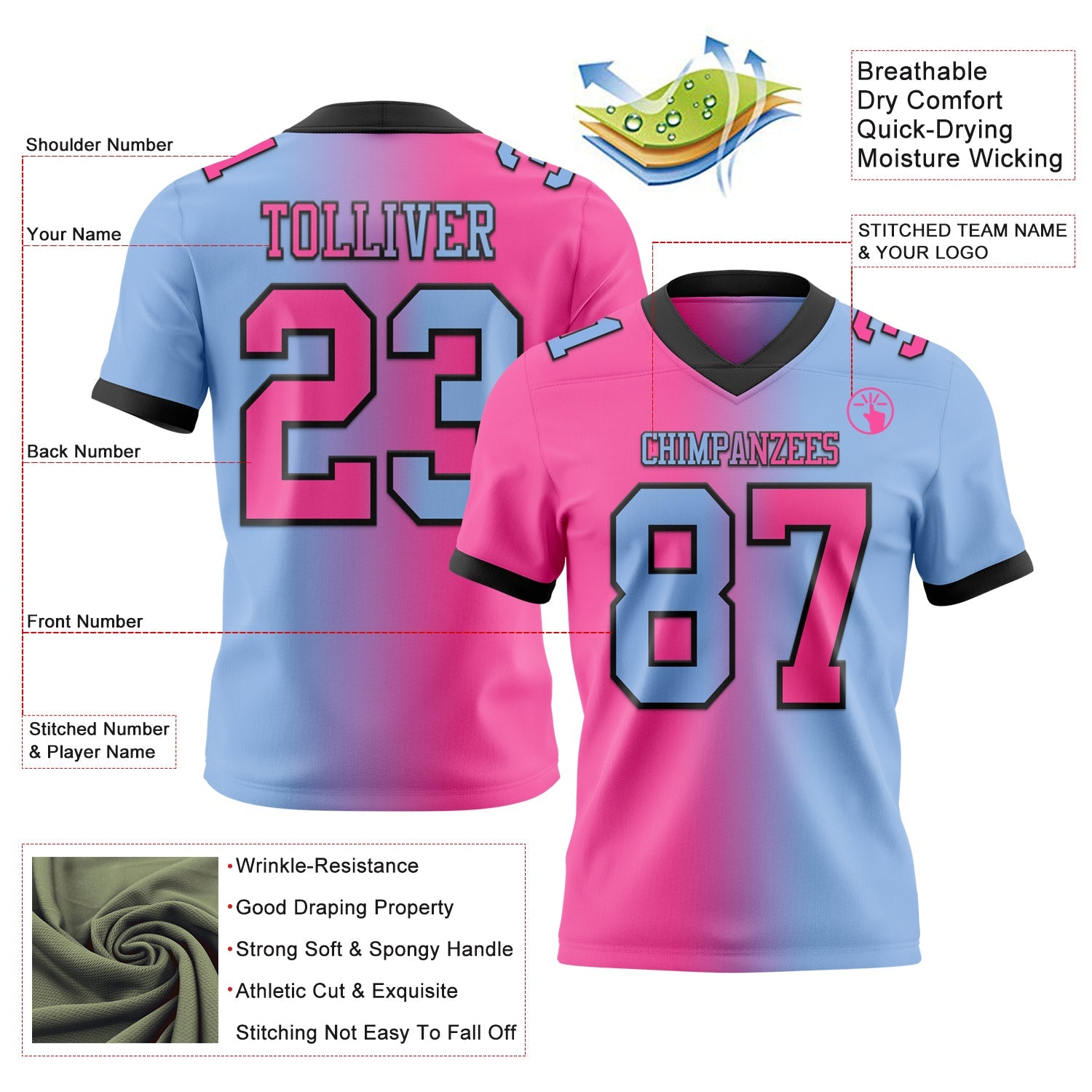 Custom Light Blue Pink-Black Mesh Authentic Gradient Fashion Football Jersey - Sky-Custom