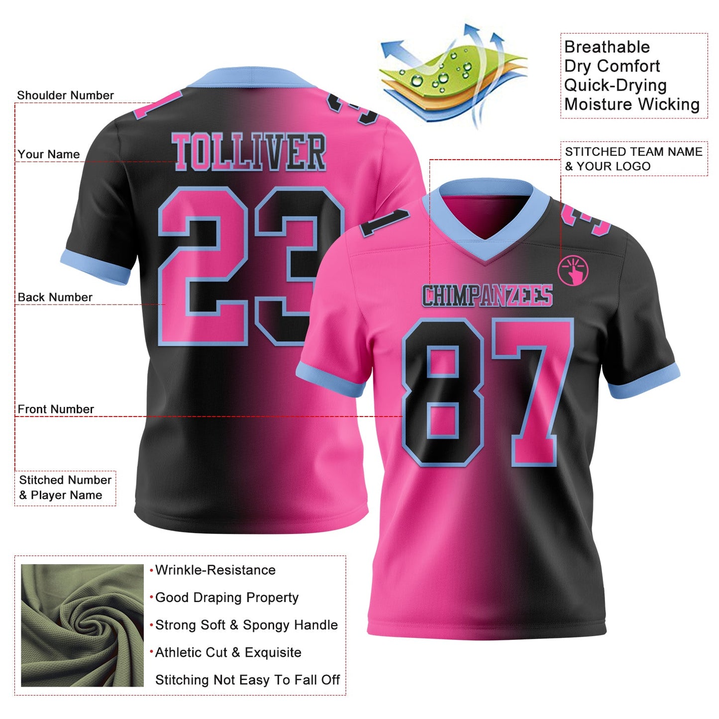 Custom Black Pink-Light Blue Mesh Authentic Gradient Fashion Football Jersey - Sky-Custom