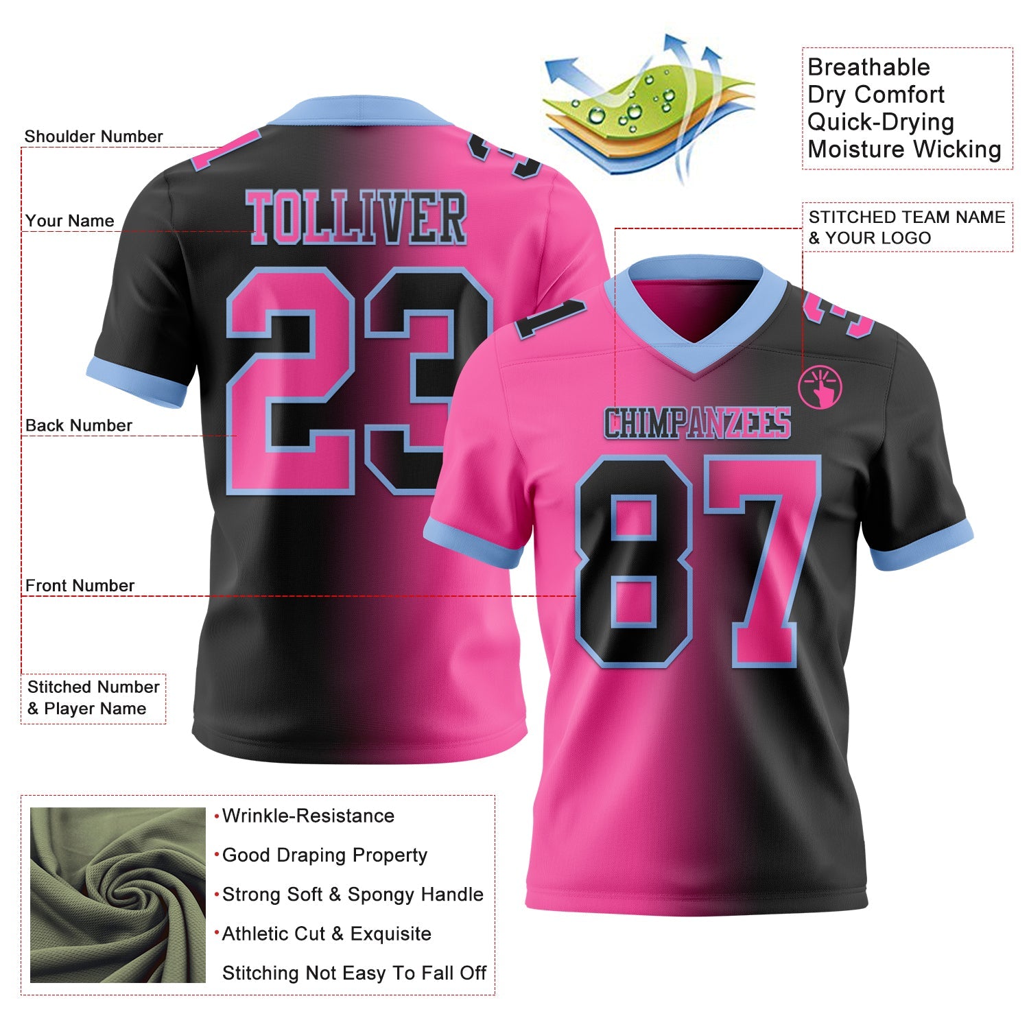 Custom Black Pink-Light Blue Mesh Authentic Gradient Fashion Football Jersey - Sky-Custom