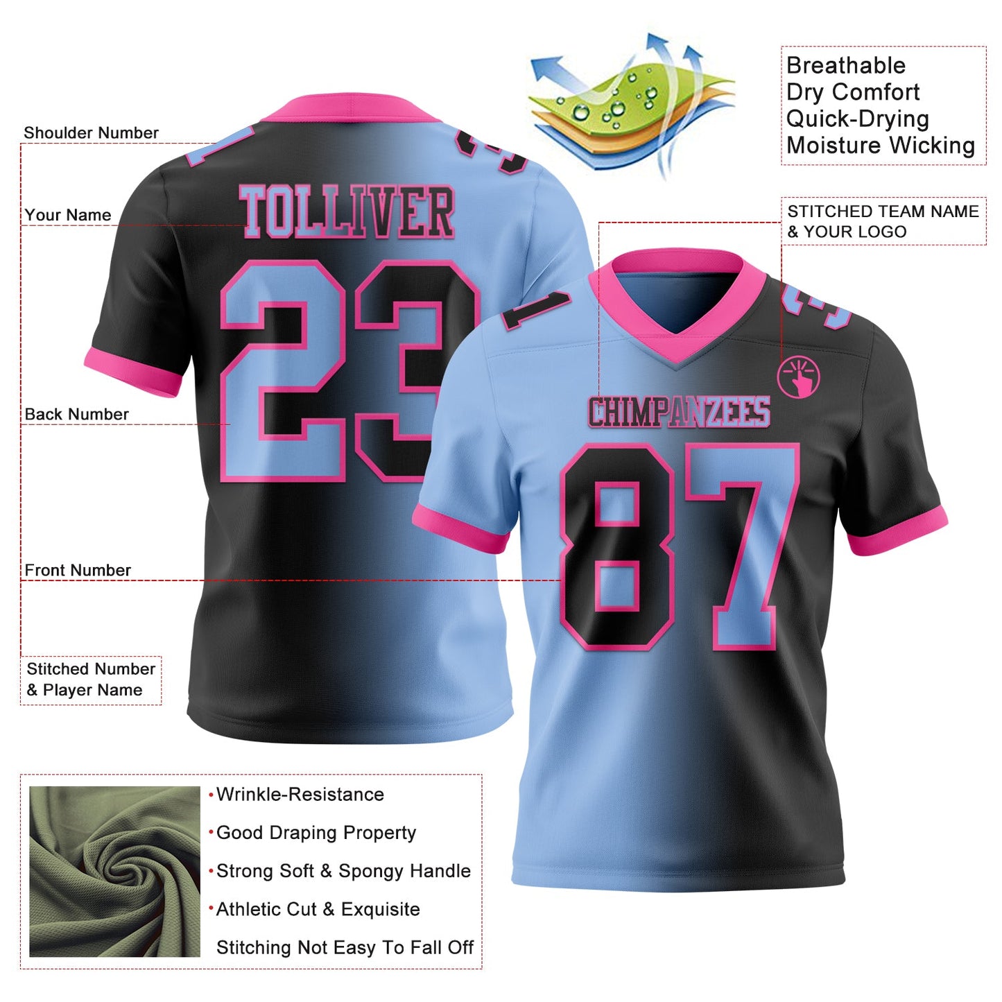 Custom Black Light Blue-Pink Mesh Authentic Gradient Fashion Football Jersey - Sky-Custom