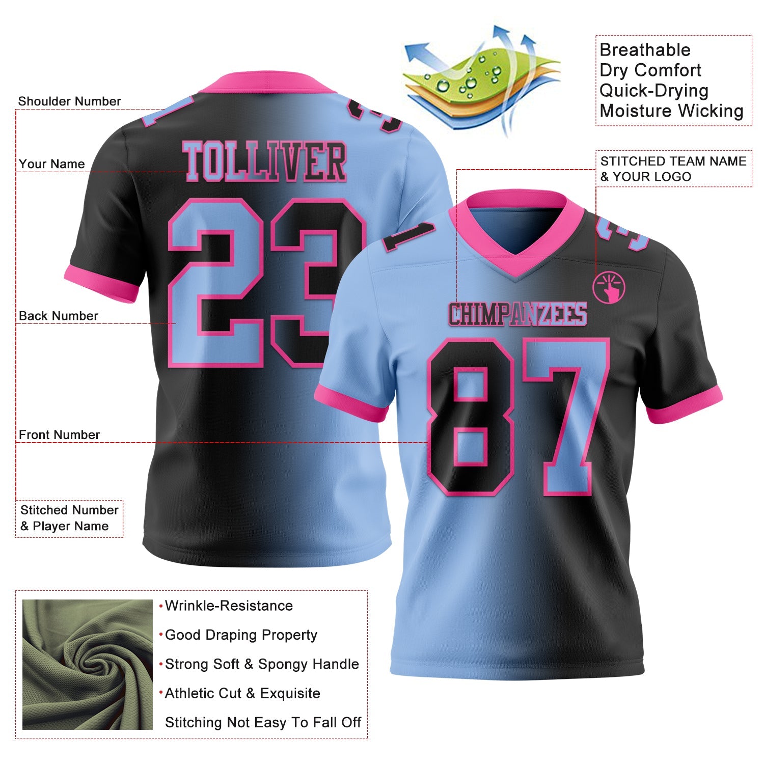 Custom Black Light Blue-Pink Mesh Authentic Gradient Fashion Football Jersey - Sky-Custom