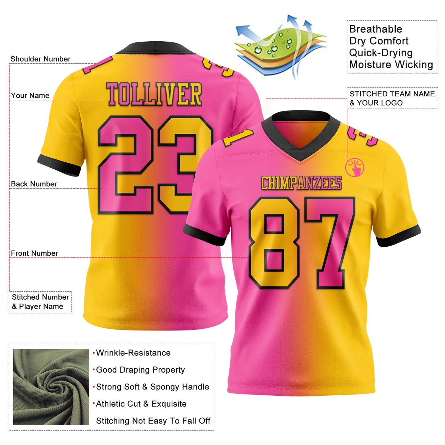Custom Yellow Pink-Black Mesh Authentic Gradient Fashion Football Jersey - Sky-Custom