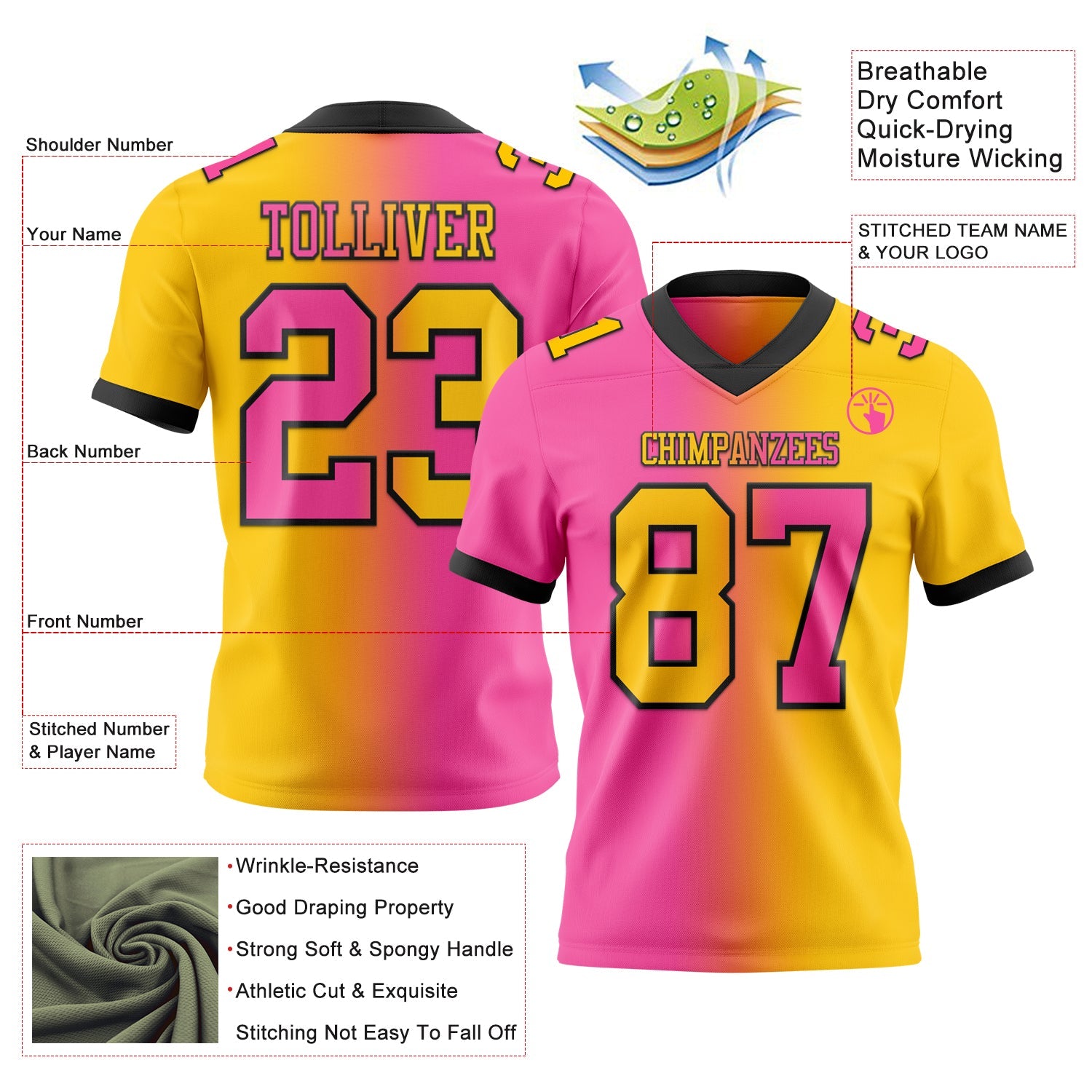 Custom Yellow Pink-Black Mesh Authentic Gradient Fashion Football Jersey - Sky-Custom