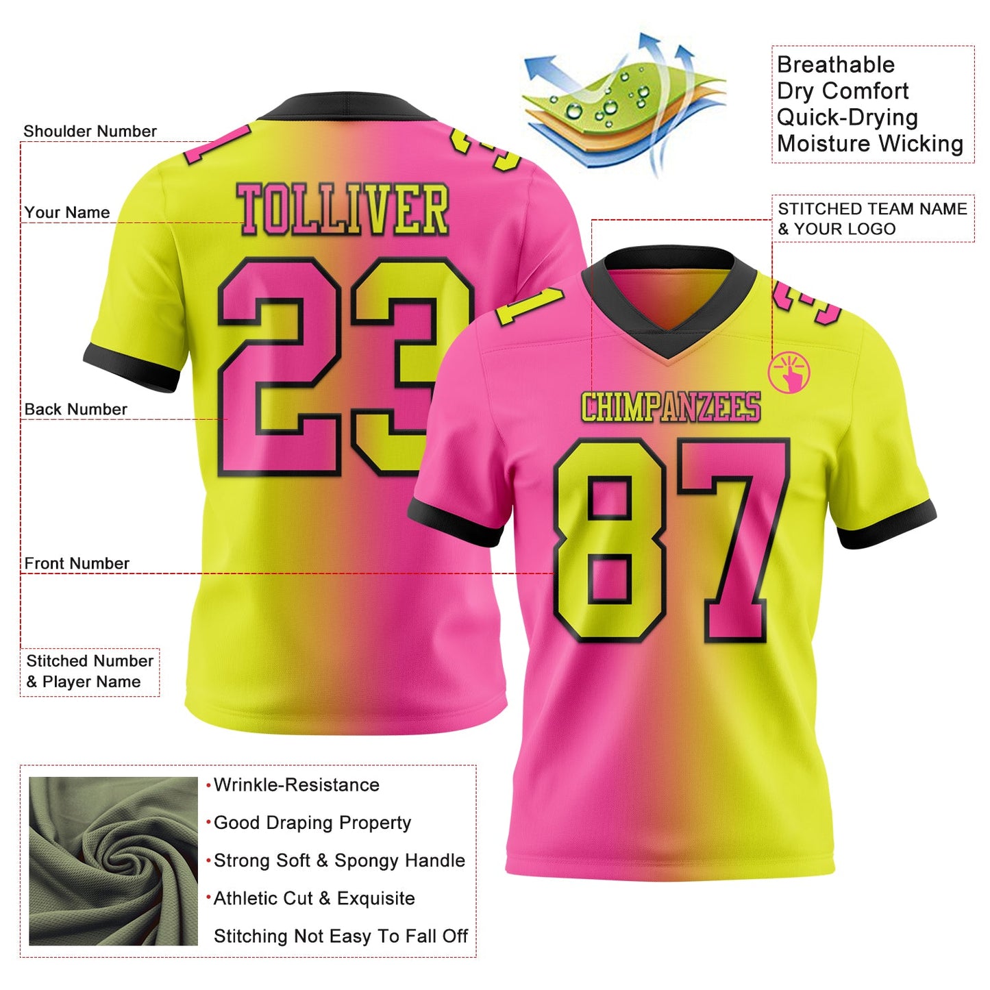 Custom Neon Yellow Pink-Black Mesh Authentic Gradient Fashion Football Jersey - Sky-Custom