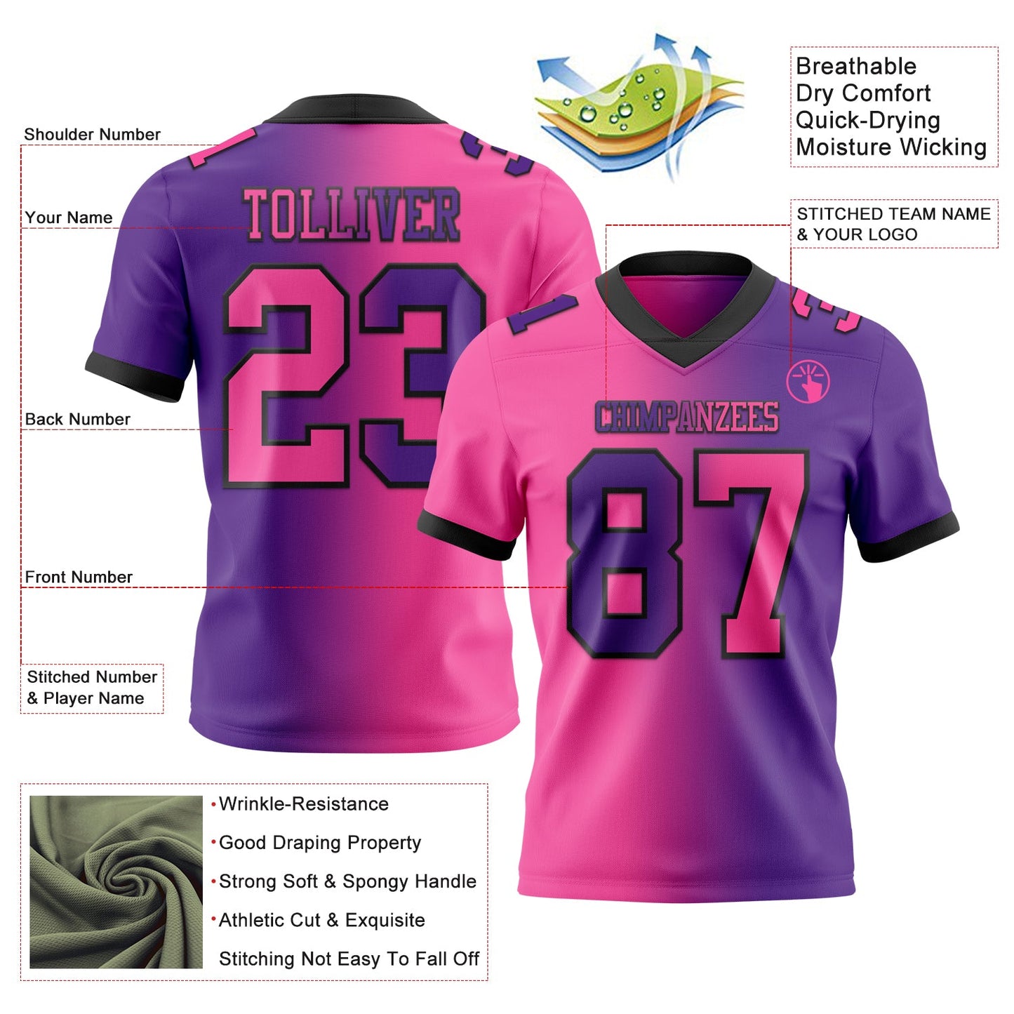 Custom Purple Pink-Black Mesh Authentic Gradient Fashion Football Jersey - Sky-Custom