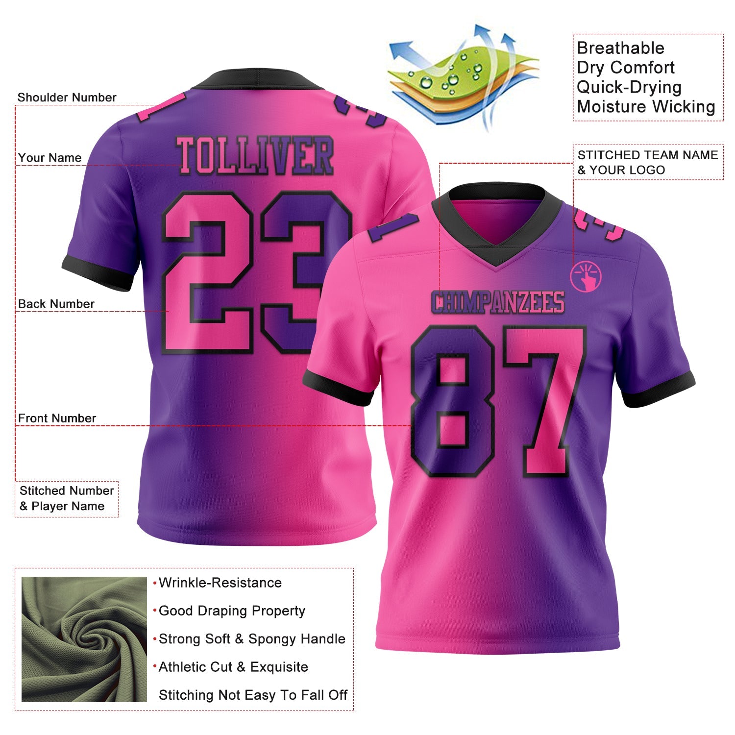 Custom Purple Pink-Black Mesh Authentic Gradient Fashion Football Jersey - Sky-Custom