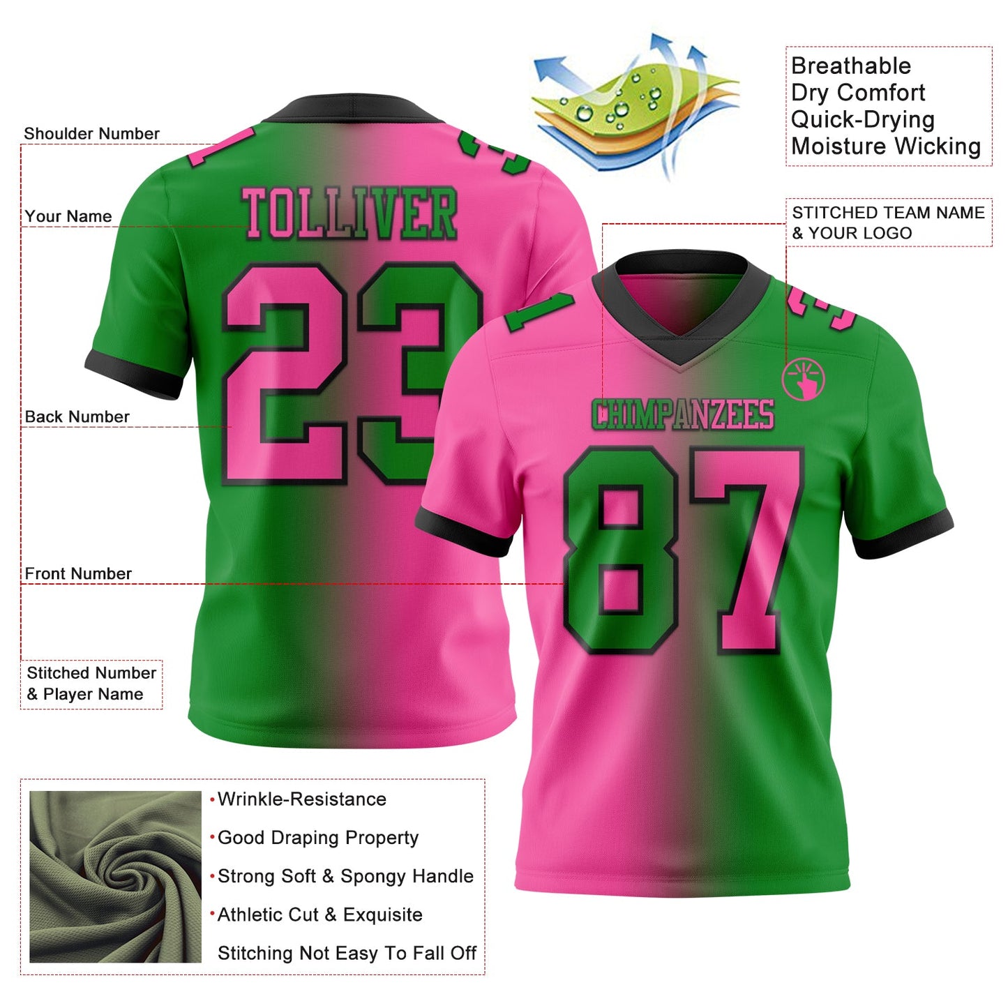Custom Grass Green Pink-Black Mesh Authentic Gradient Fashion Football Jersey - Sky-Custom