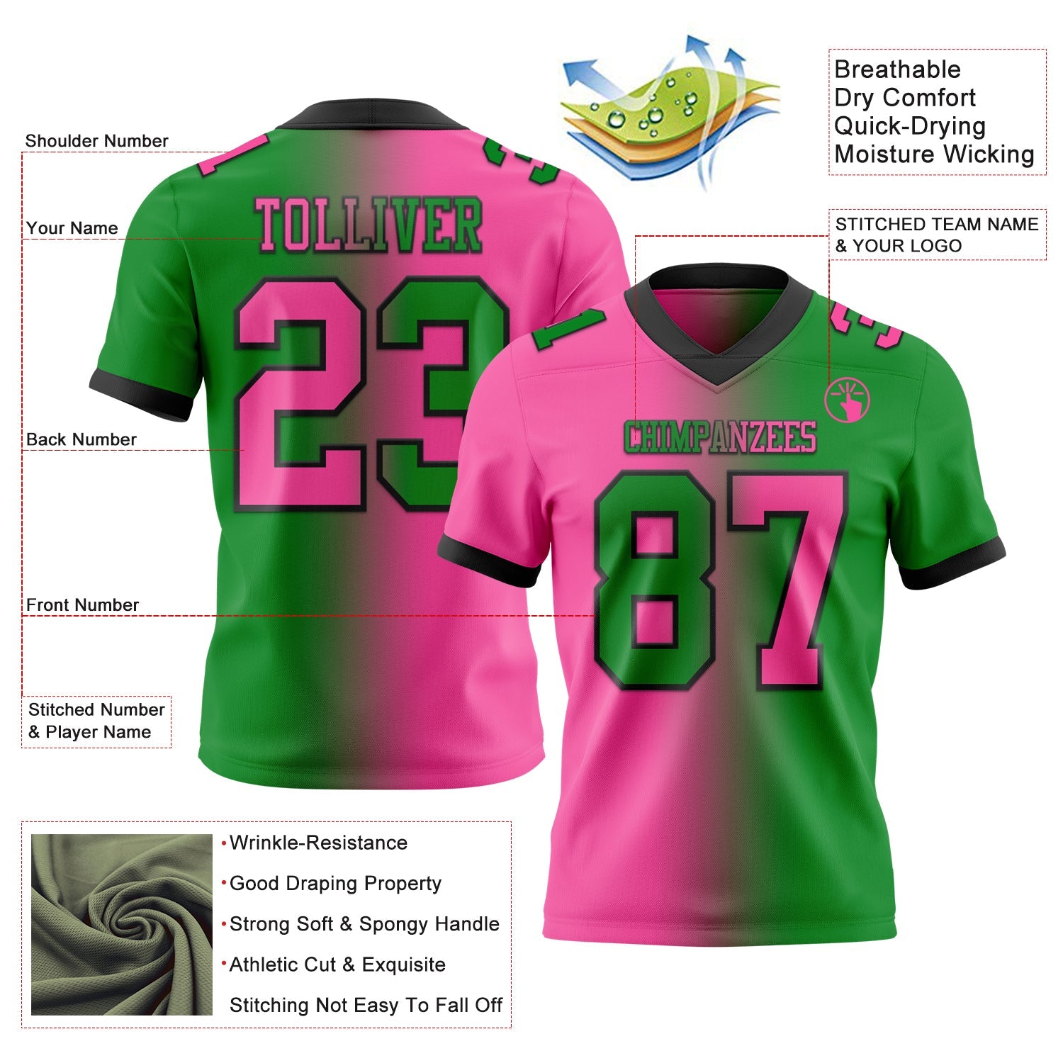 Custom Grass Green Pink-Black Mesh Authentic Gradient Fashion Football Jersey - Sky-Custom