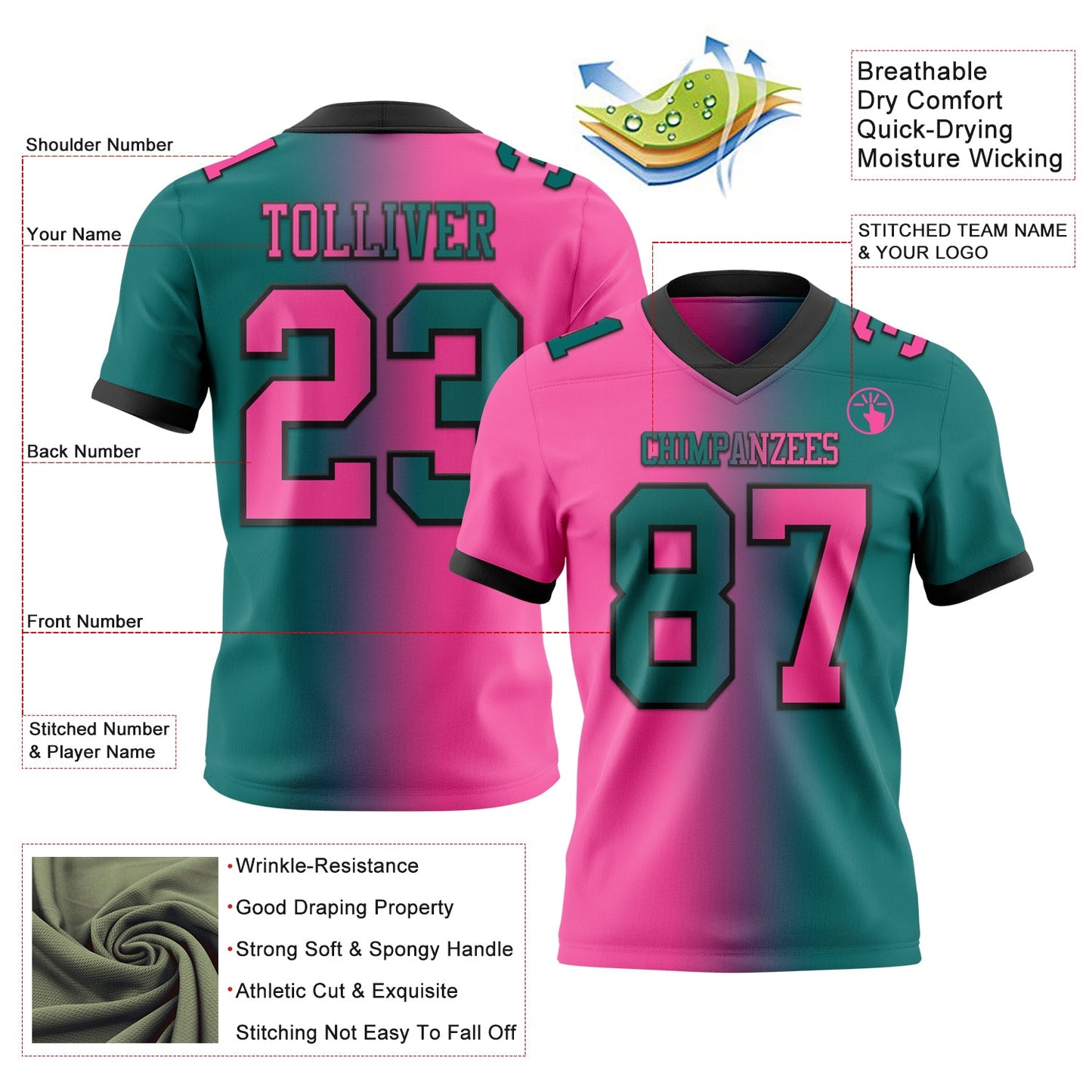 Custom Teal Pink-Black Mesh Authentic Gradient Fashion Football Jersey - Sky-Custom