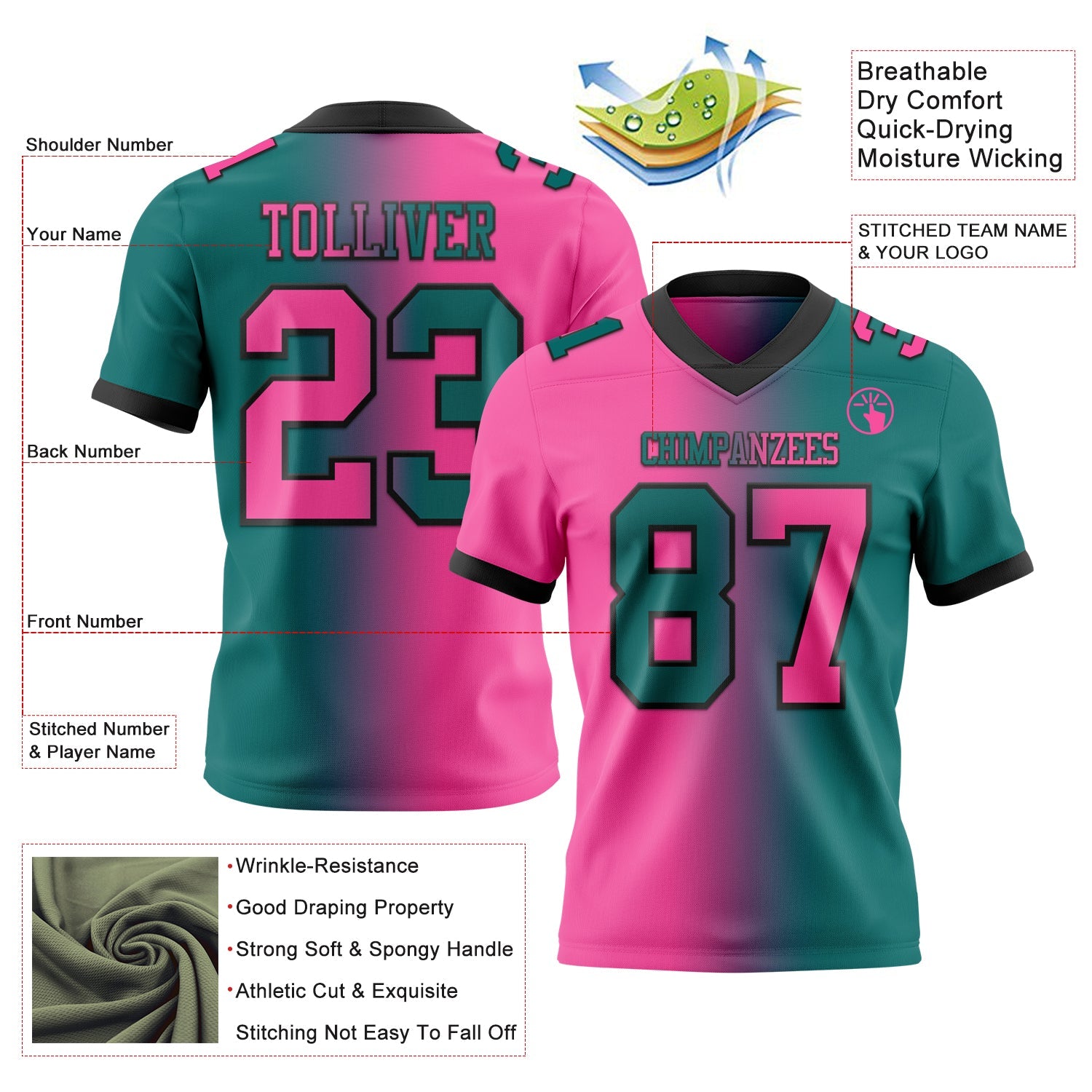 Custom Teal Pink-Black Mesh Authentic Gradient Fashion Football Jersey - Sky-Custom