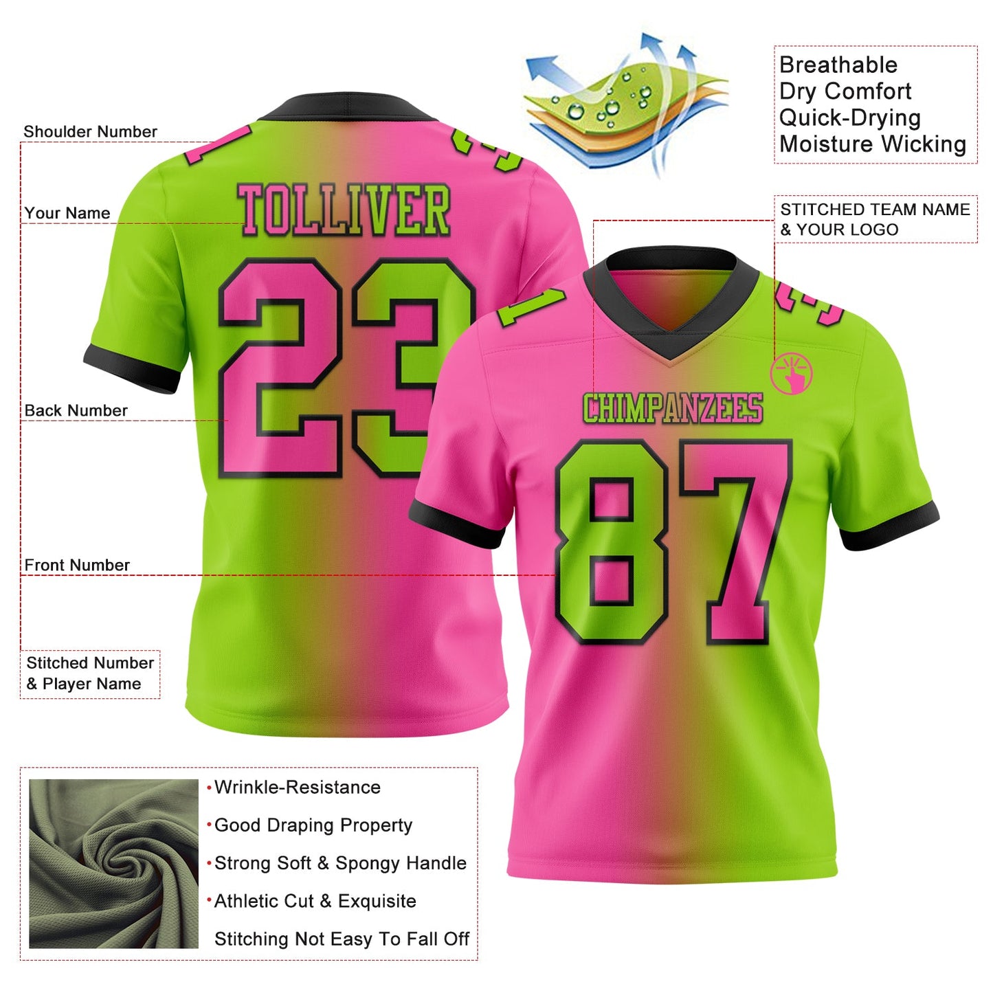 Custom Neon Green Pink-Black Mesh Authentic Gradient Fashion Football Jersey - Sky-Custom