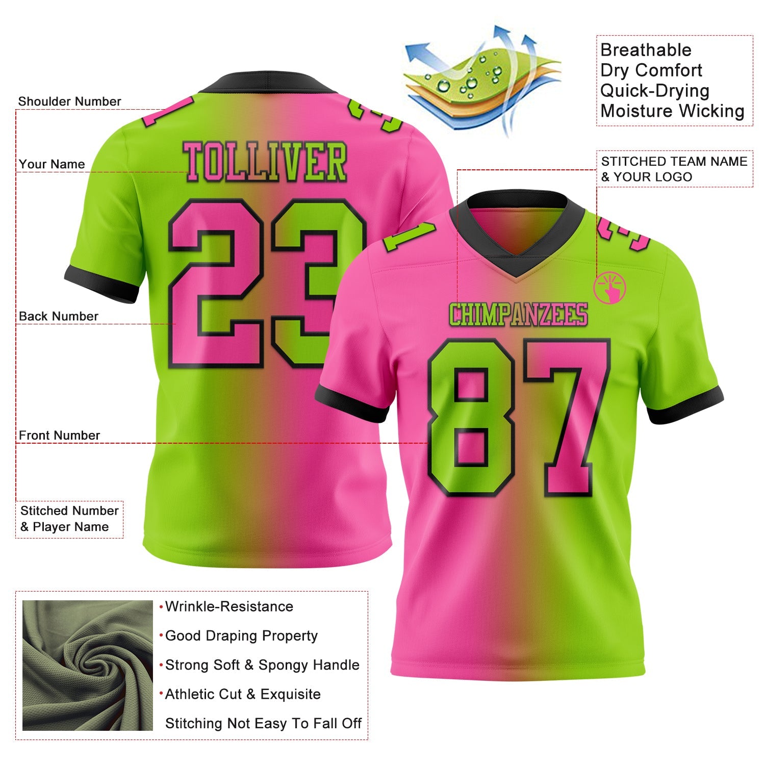 Custom Neon Green Pink-Black Mesh Authentic Gradient Fashion Football Jersey - Sky-Custom