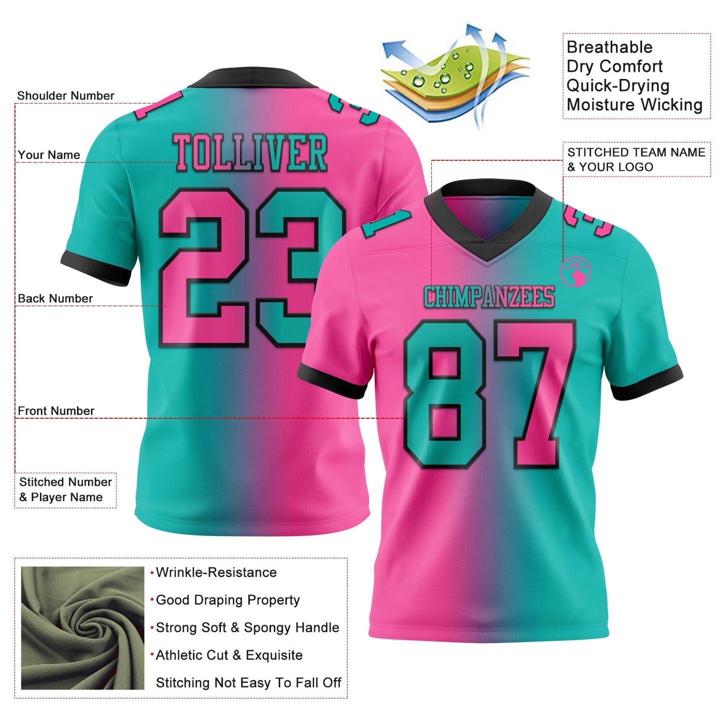 Custom Aqua Pink-Black Mesh Authentic Gradient Fashion Football Jersey - Sky-Custom