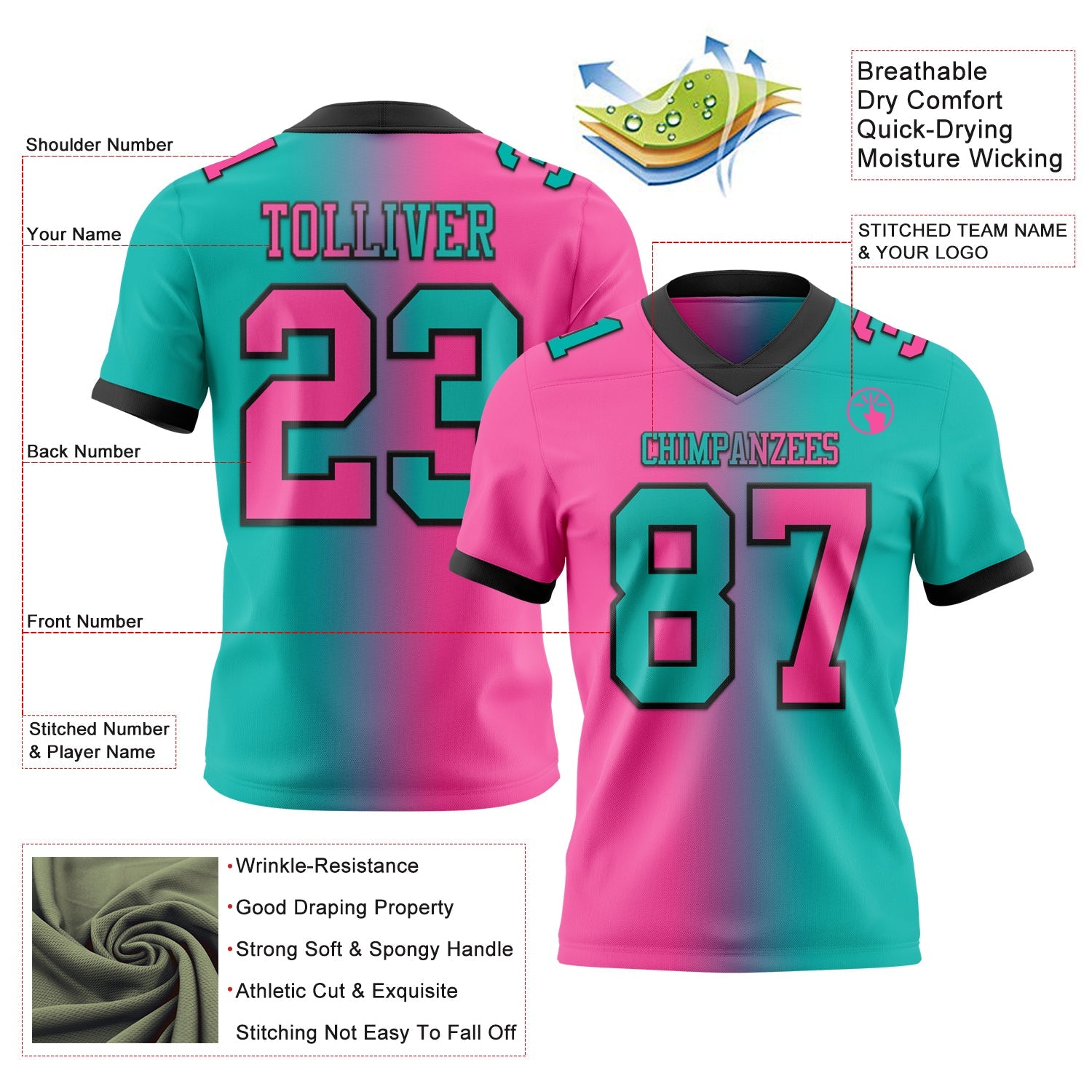 Custom Aqua Pink-Black Mesh Authentic Gradient Fashion Football Jersey - Sky-Custom