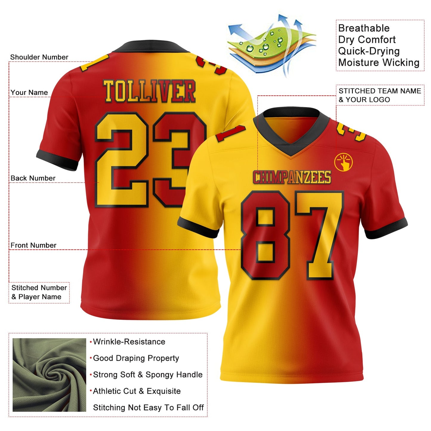 Custom Red Yellow-Black Mesh Authentic Gradient Fashion Football Jersey - Sky-Custom
