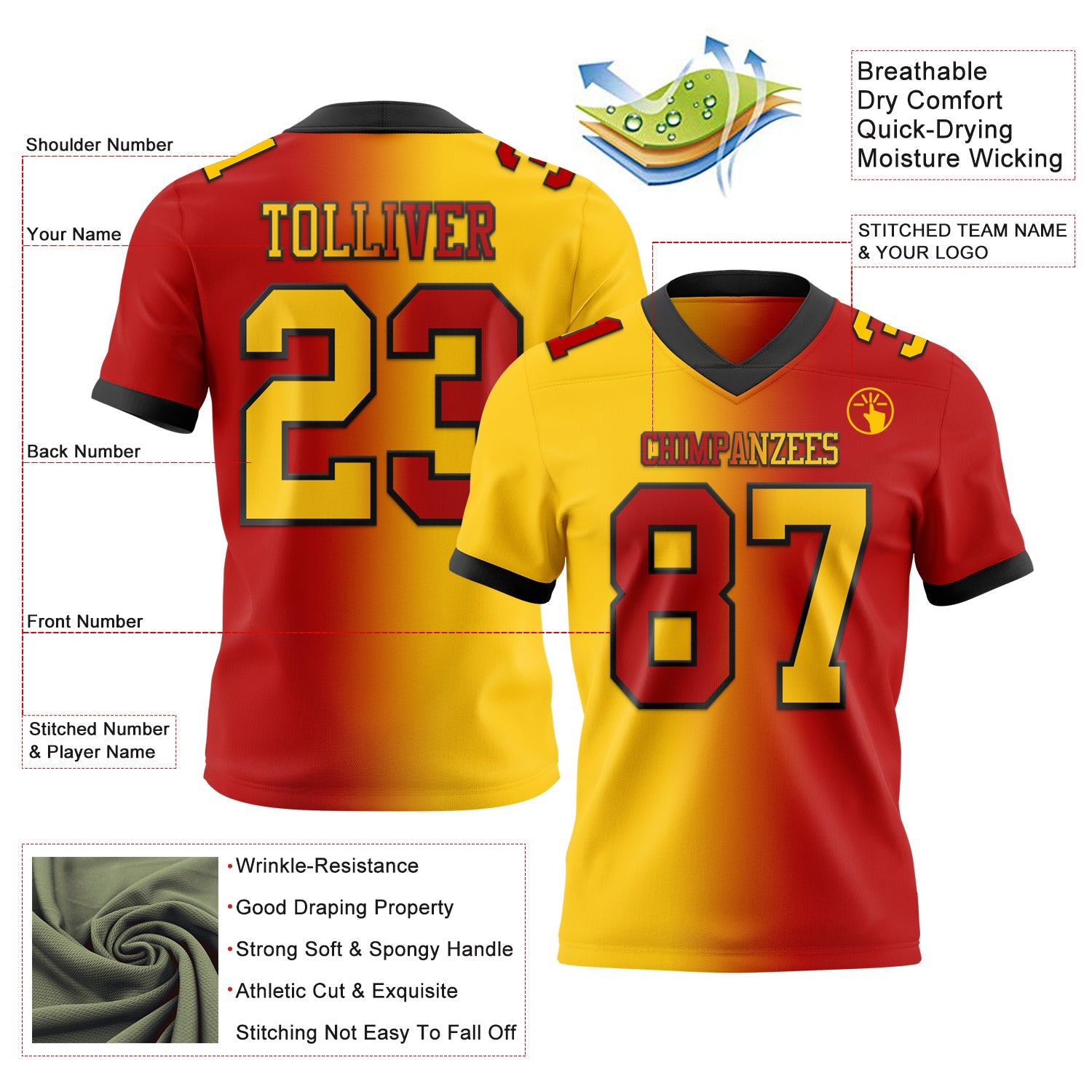 Custom Red Yellow-Black Mesh Authentic Gradient Fashion Football Jersey - Sky-Custom
