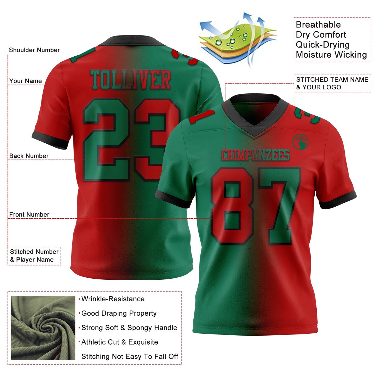 Custom Red Kelly Green-Black Mesh Authentic Gradient Fashion Football Jersey - Sky-Custom