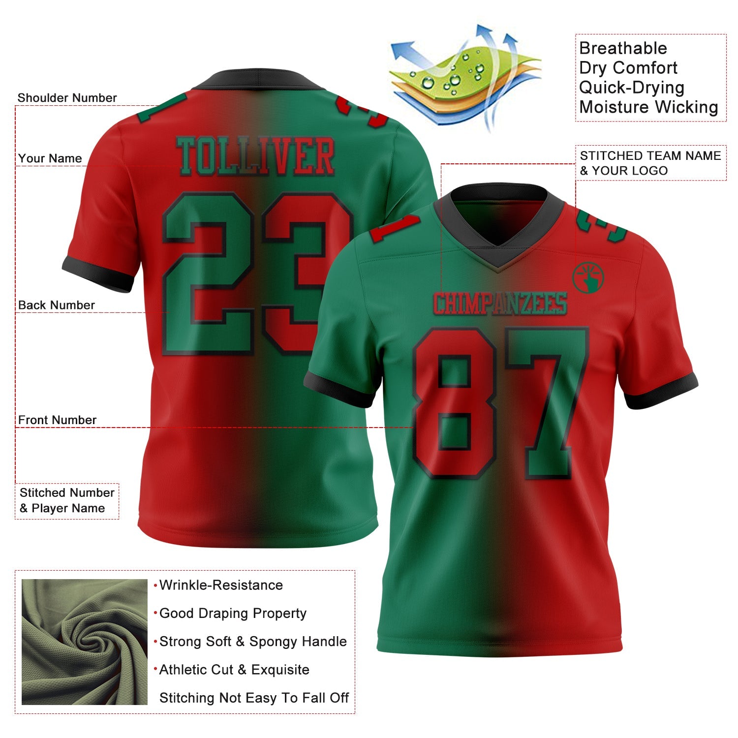 Custom Red Kelly Green-Black Mesh Authentic Gradient Fashion Football Jersey - Sky-Custom