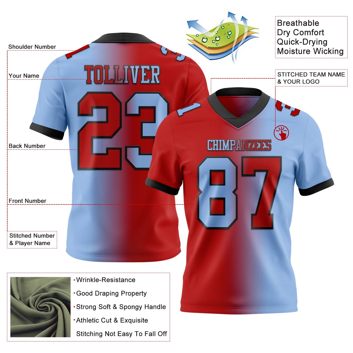 Custom Light Blue Red-Black Mesh Authentic Gradient Fashion Football Jersey - Sky-Custom