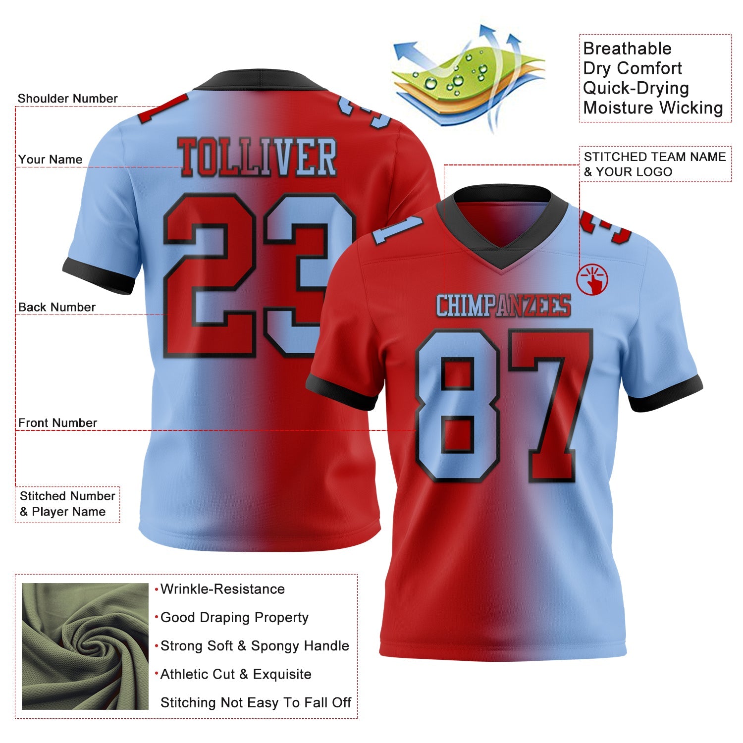 Custom Light Blue Red-Black Mesh Authentic Gradient Fashion Football Jersey - Sky-Custom
