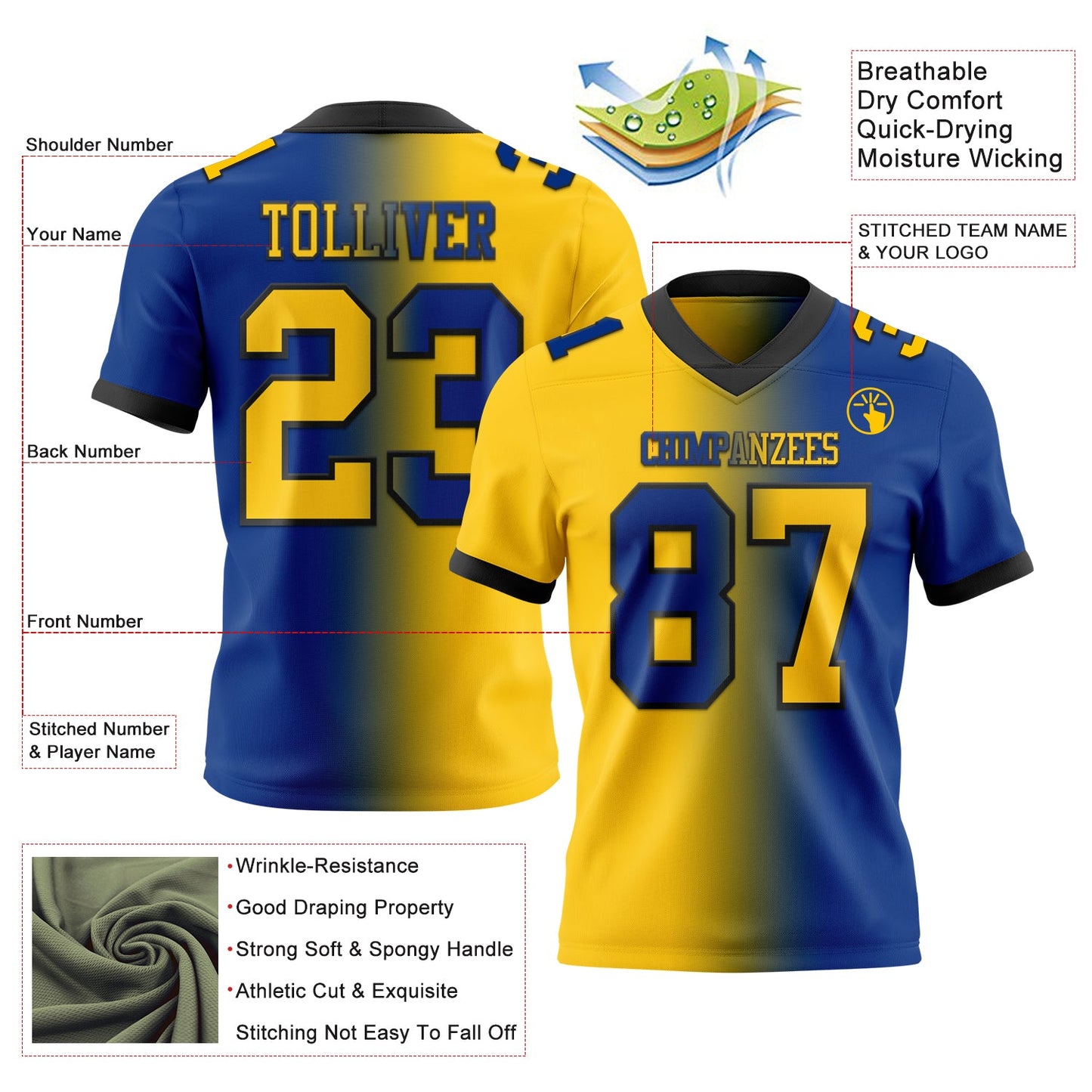 Custom Royal Yellow-Black Mesh Authentic Gradient Fashion Football Jersey - Sky-Custom