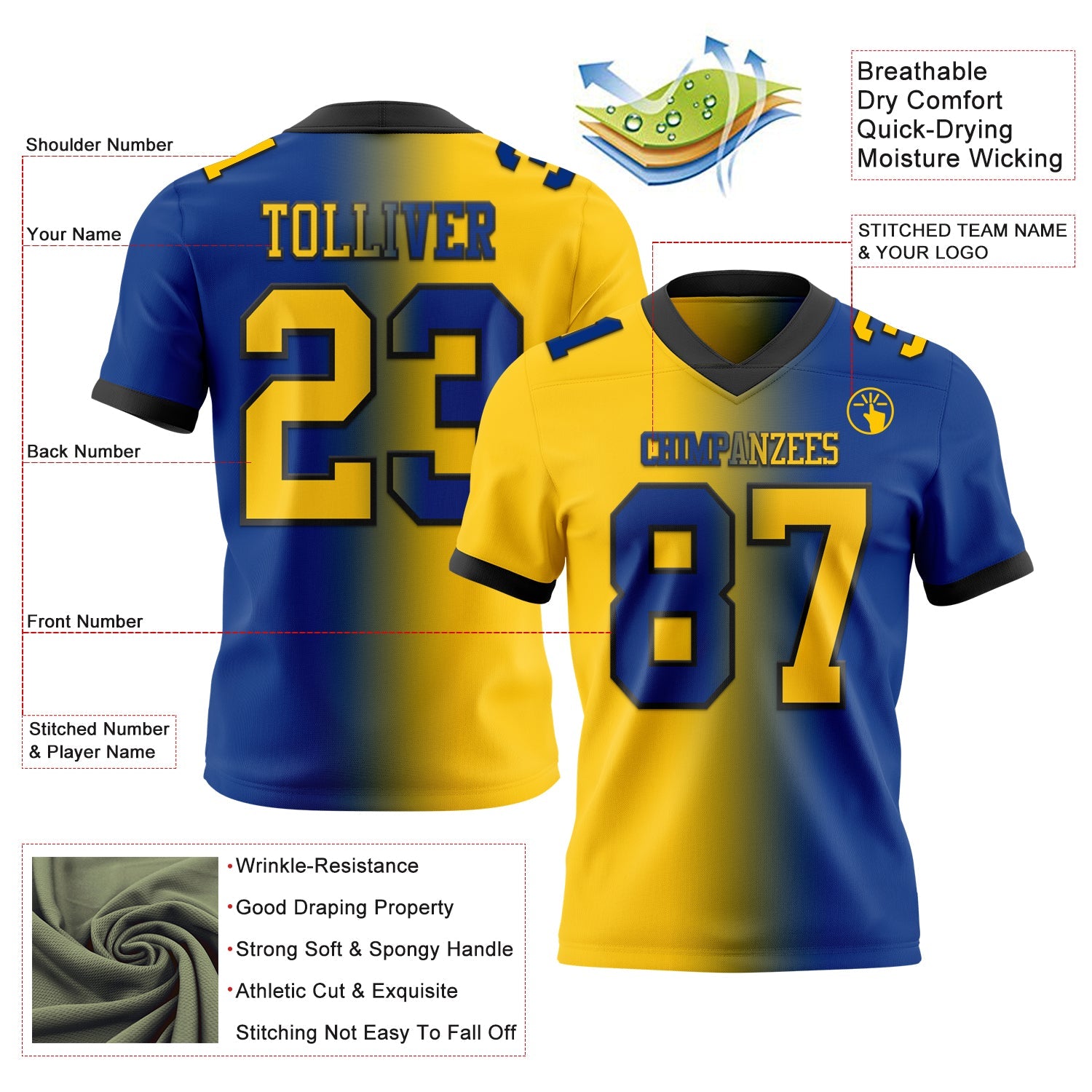 Custom Royal Yellow-Black Mesh Authentic Gradient Fashion Football Jersey - Sky-Custom